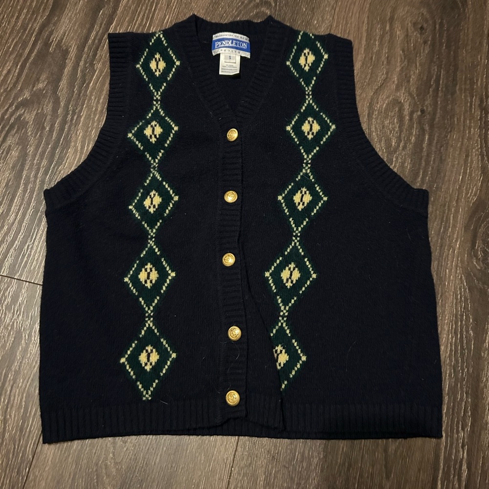 Vintage Pendleton Black Knit Vest with Green Pattern